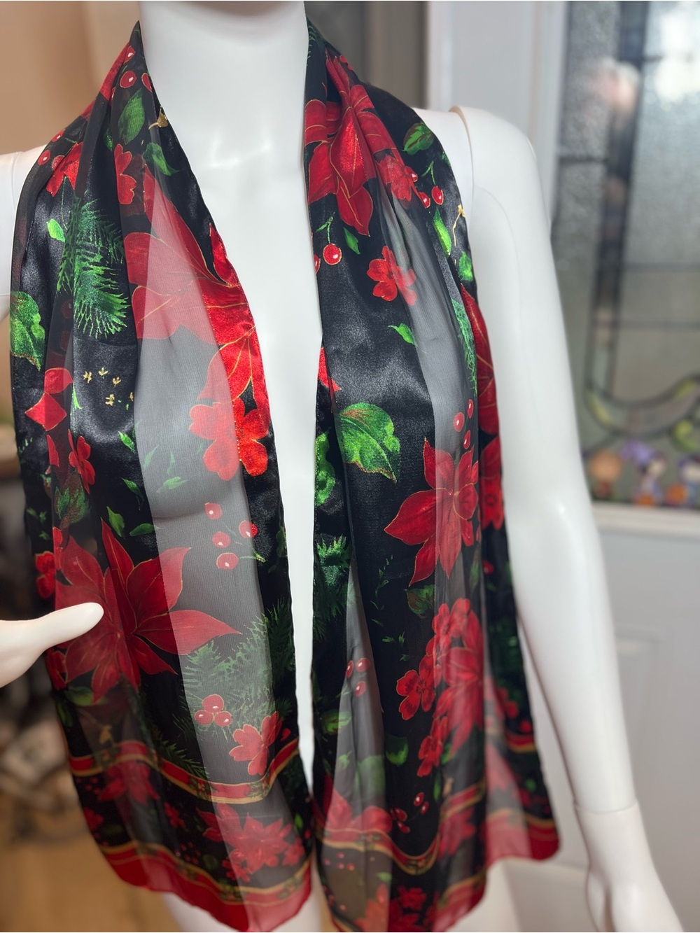 Black Sheer Scarf with Red Poinsettia Print - Holiday Floral Accent